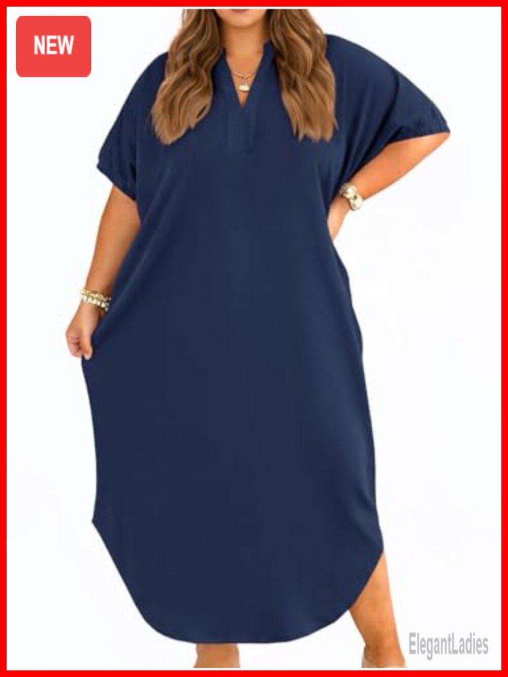 Plus Size Maxi T Shirt Dress Collared V Neck Short Sleeve with Pockets